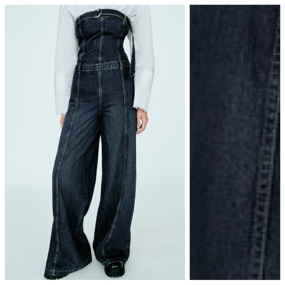 NWT. Zara Navy Blue Strapless TRF Denim Jumpsuit. Size XS. - Picture 3 of 14